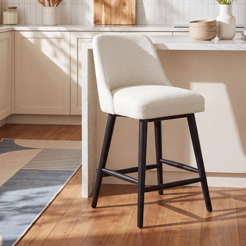 Gallie Upholstered Counter Stool with Solid Wood Frame, Counter Stool (27” Seat Height), Black, Classic Snow Boucle
