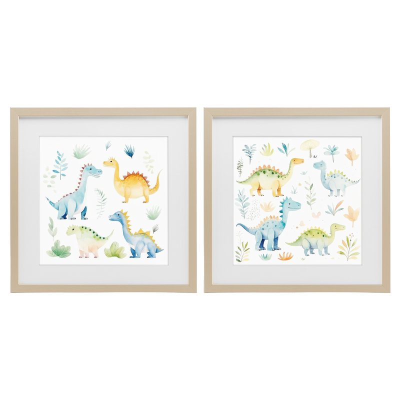 «Playful Dinosaur Wonders», ensemble de 2 reproductions encadrées sous verre, design par Lazar Studio, 13 x 13