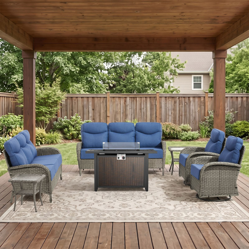 Ensemble de conversation pour foyer extérieur en osier 8 pièces avec canapé et chaises pivotantes 8 pièces, Bleu