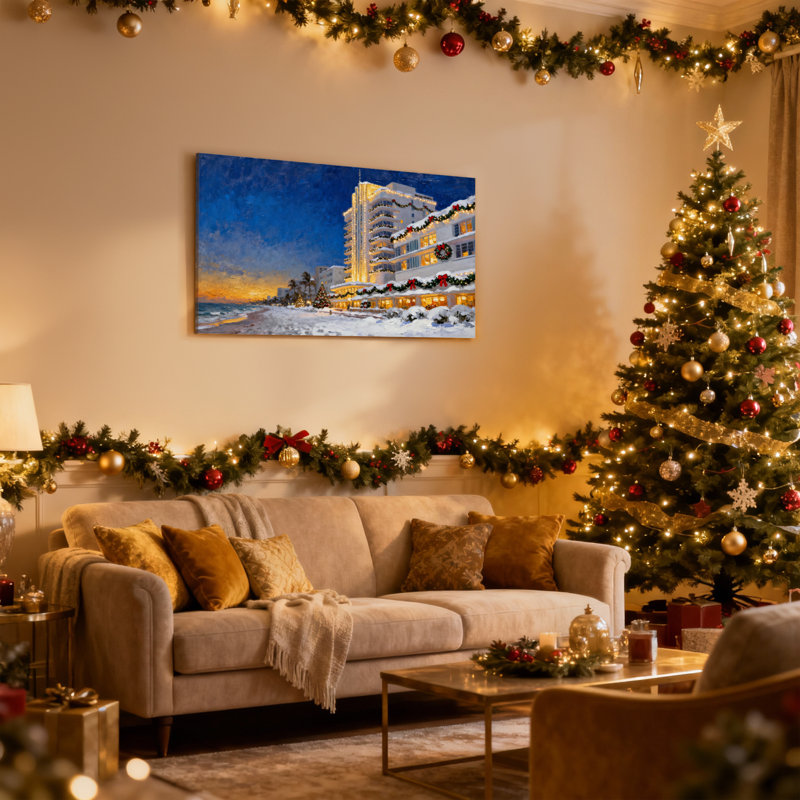 «Christmas Snowy Beach Hotel», ensemble de 3 reproductions d'art sur toile, H 16 po x l 24 po