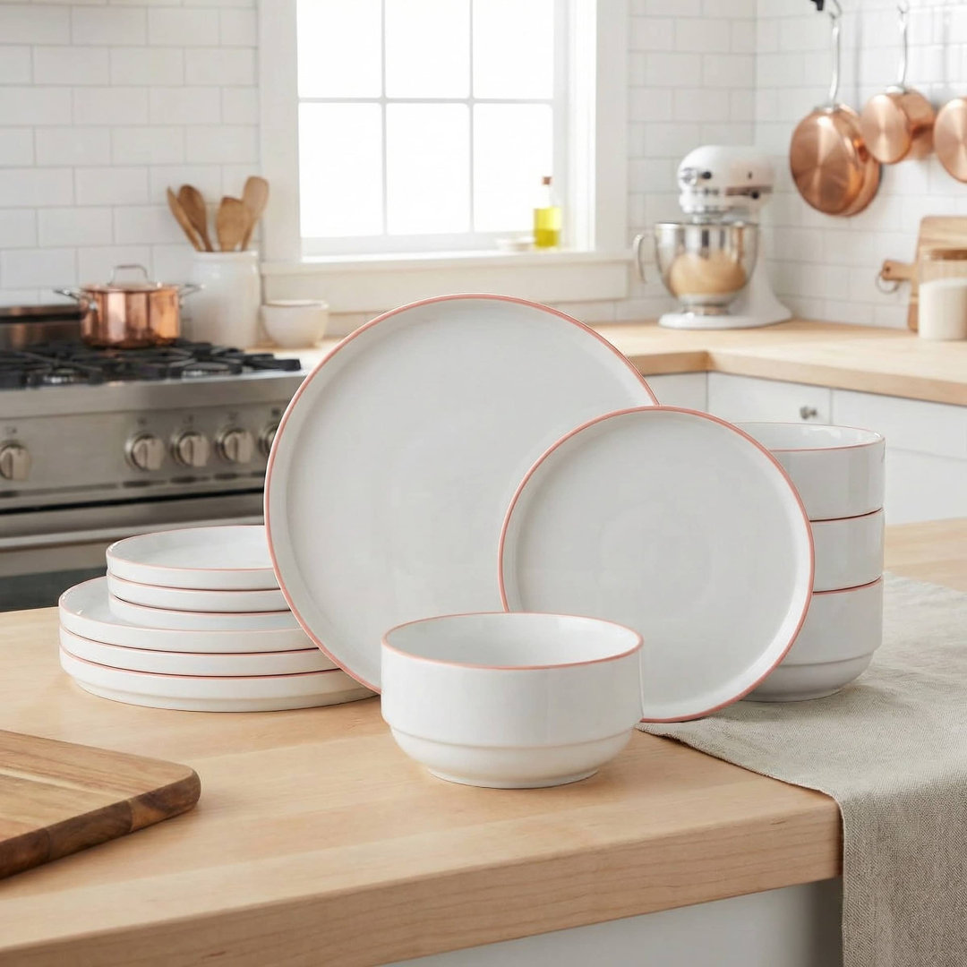 Waterside 12Pc Orange Rim Stacking Dinner Set White - Image 7
