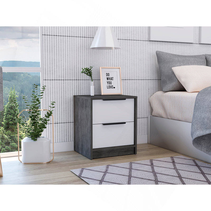 Kaia Nightstand , End Table, Side Table Two Drawers, Metal Handle -Smokey Oak / White, Black/White