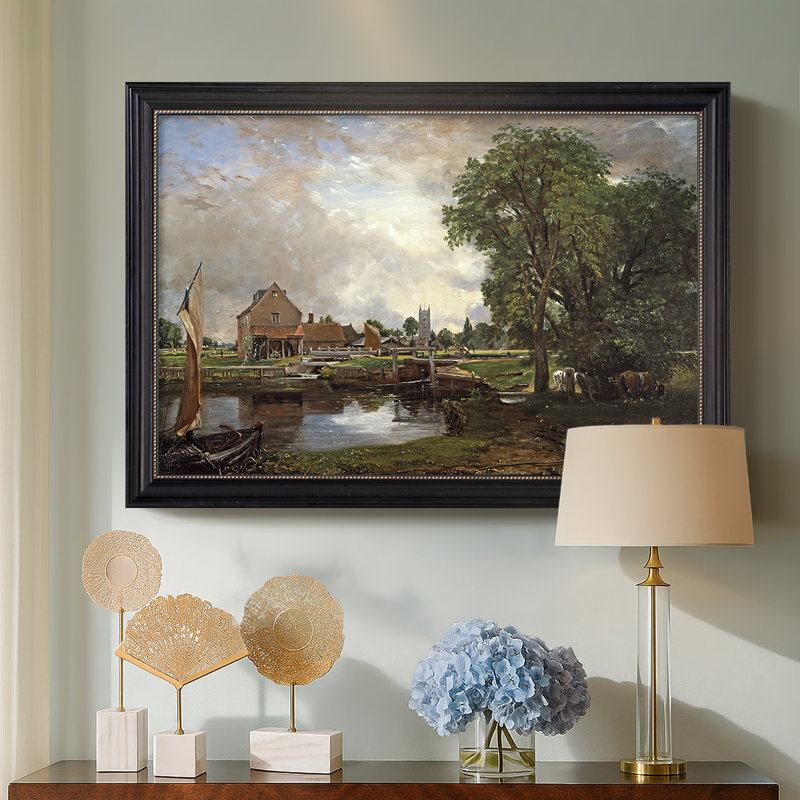 Dedham Lock and Mill, c. 1820-John Constable-Custom Framed Canvas, Matte Black Bead, No, 28X40