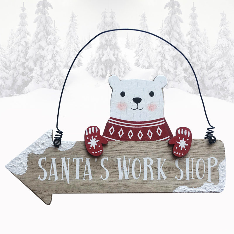 Polar Bear Santa's Work Shop Wooden Arrow Plaque