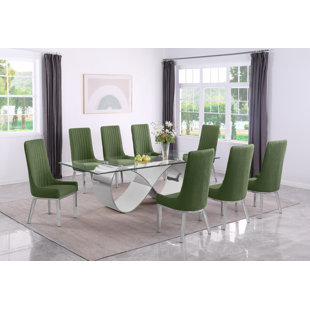 Ensemble de salle à manger en verre trempé avec chaises à dossier plissé