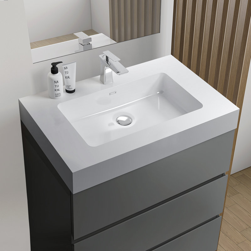 Eilon 30'' Single Bathroom Vanity with Engineered Stone Top, Gray, White