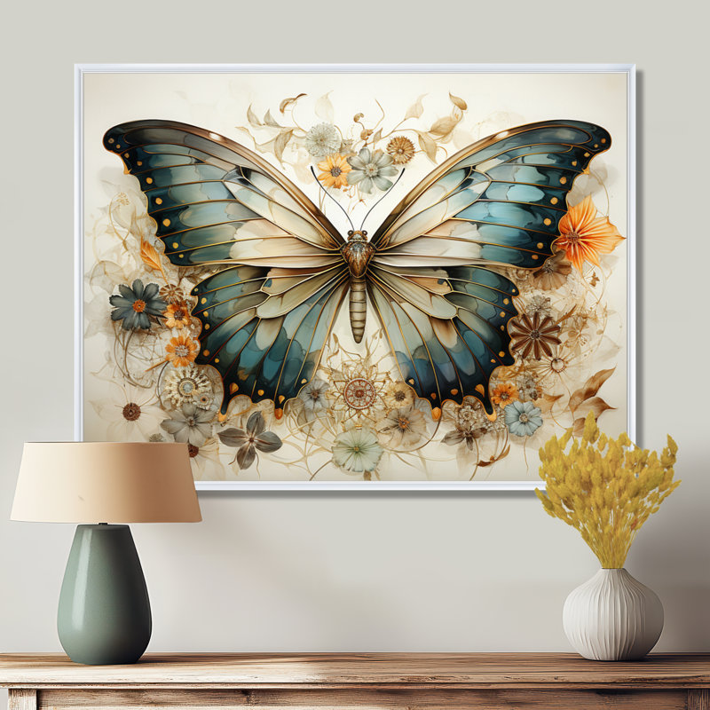 Papillon beige sarcelle, motifs complexes - art mural papillon, 34" H x 44" W, Cadre flottant blanc