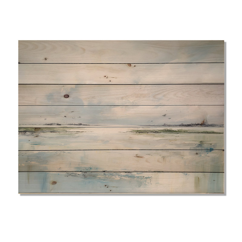 Soft Color Beach Horizon - Coastal Minimalism Wood Wall Art On Natural Pine Wood, 24" H x 32" W