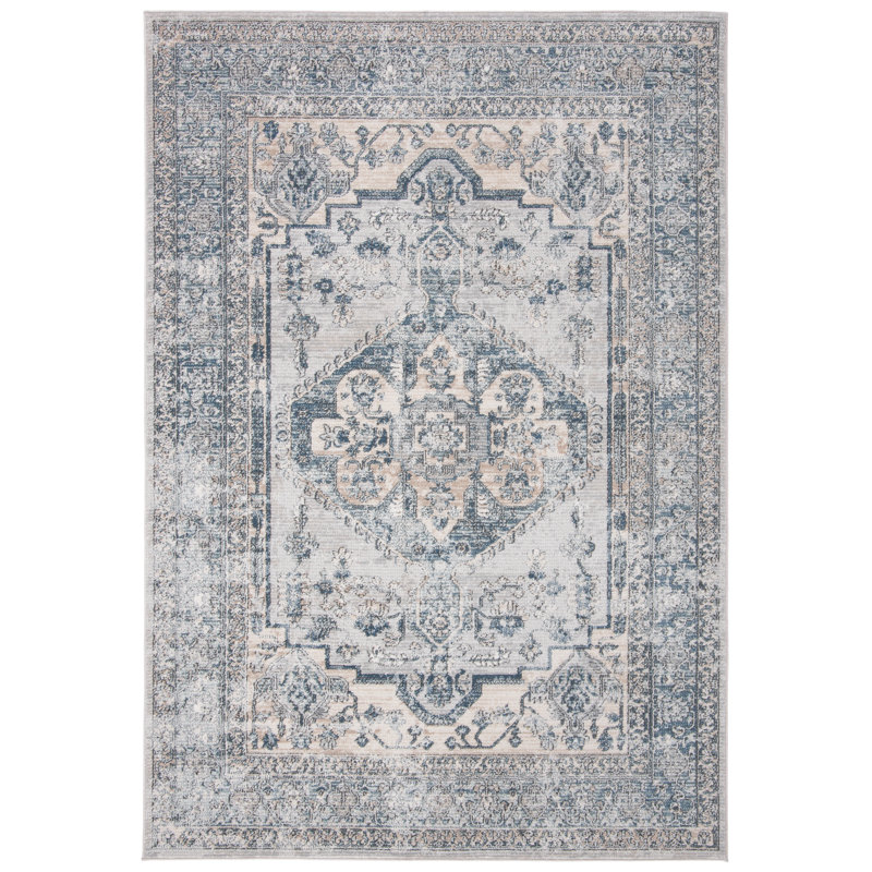 Ivory and Light Blue Hand-Knotted Rectangular Rug 8' x 10'