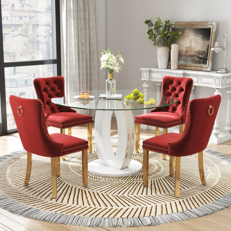 Ensemble de table de salle à manger haute brillance ronde avec 4 chaises de salle à manger en velours, Rouge, Blanc
