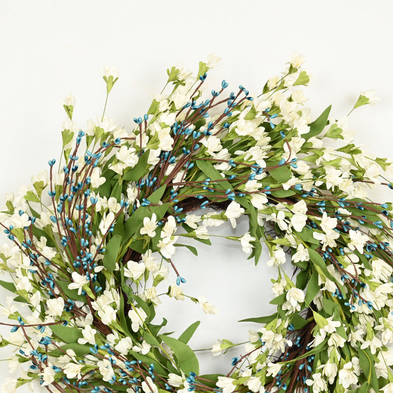 Couronne florale artificielle 24 po pour la porte d'entrée, Bleu/blanc/vert
