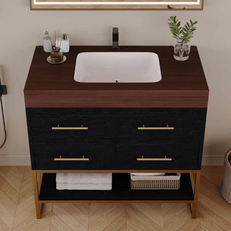 Meuble-lavabo sur pied 36 po avec lavabo en céramique et comptoir en marbre, Noyer