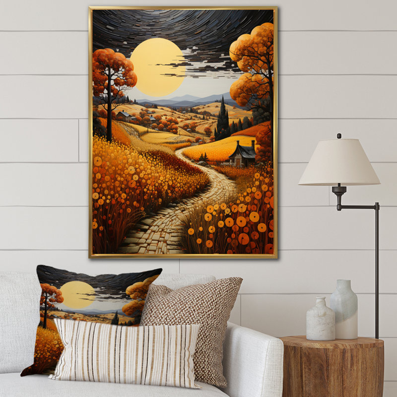 Batur Farm Golden Harvest Pointillism VII, reproduction d'art sur toile, Cadre flottant doré, H 32 po x l 16 po x P 1 po