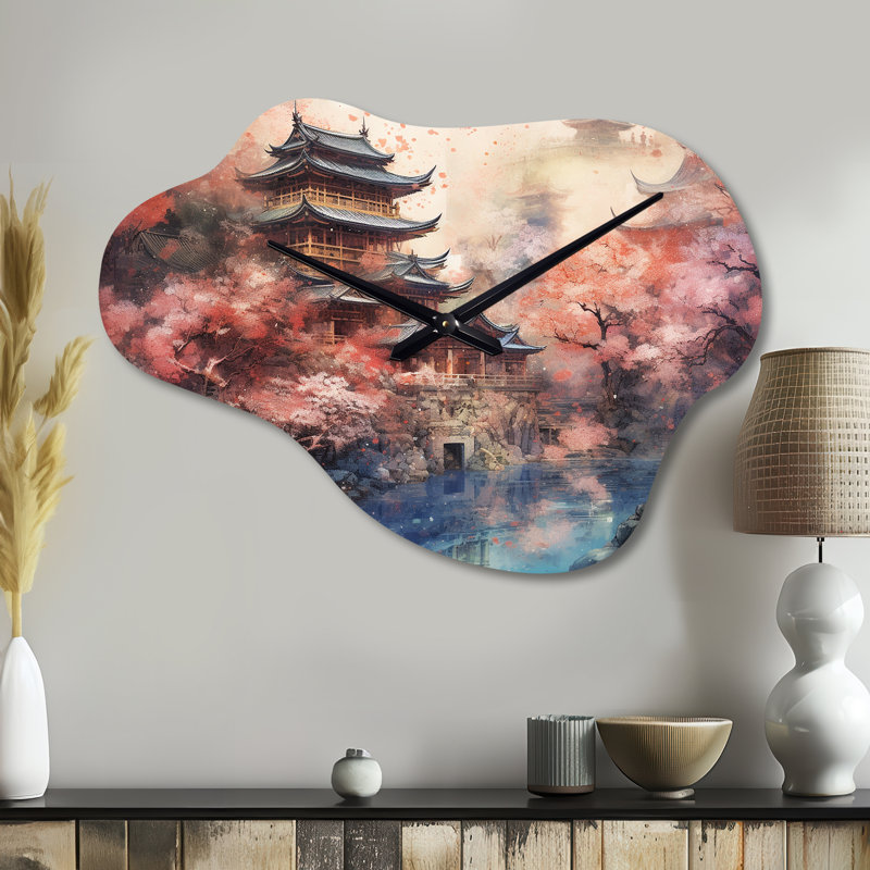 Paysage du Japon, soleil levant V - horloge murale en métal avec nuage japonais, impression traditionnelle asymétrique, Petit