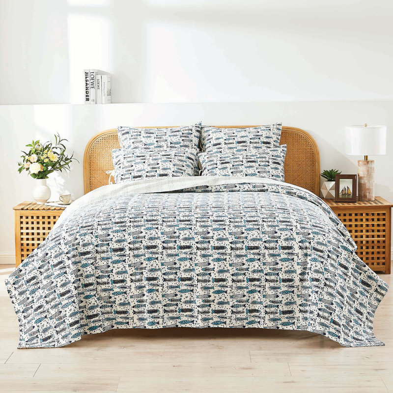 Handstitched Fish Print Kantha Coverlet, King