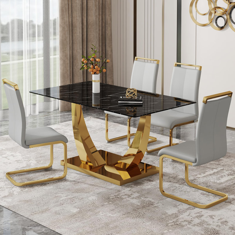 Table de salle à manger moderne pour 4 personnes, table de salle à manger à piédestal rectangulaire avec chaises, Noir