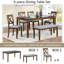 Ensemble de salle à manger brun chaud 6 pièces, table rectangulaire en bois d'acacia avec 4 chaises et banc rembourrés, 6 places assises, style campagne moderne