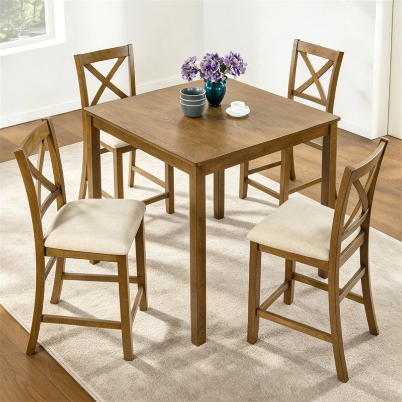 Ensemble de salle à manger 5 pièces à hauteur de comptoir en chêne avec table carrée et 4 chaises à dossier en X, structure en bois massif, surface imperméable, assemblage facile - parfait pour les petits espaces, la cuisine, les appartements ou les coins repas