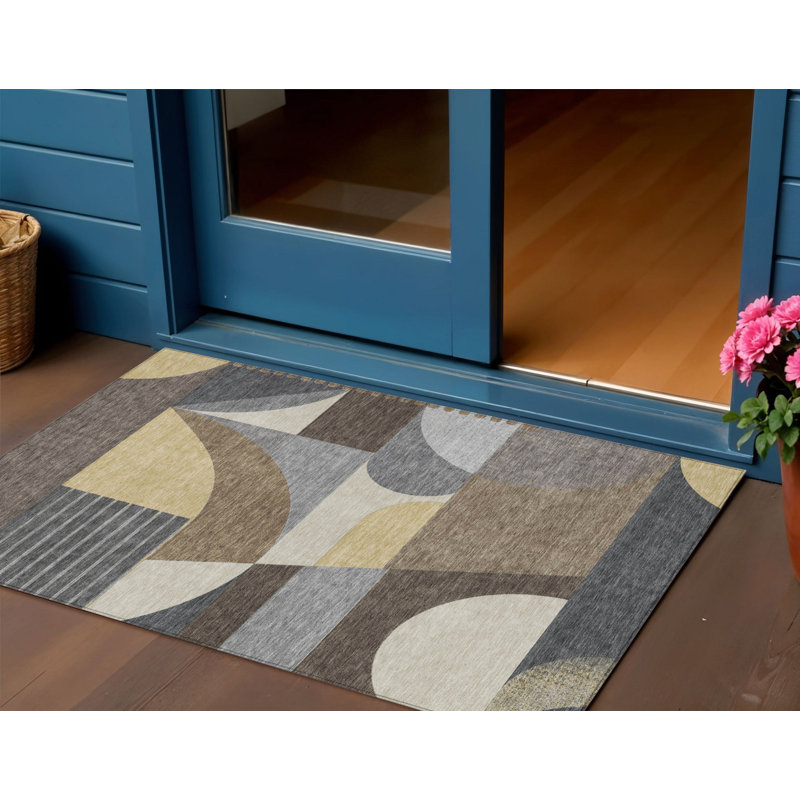 3' X 5' Brown Taupe And Wheat Geometric Washable Indoor Outdoor Area Rug
