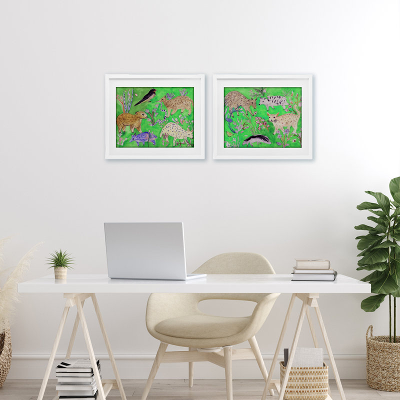Quirky Meadow Menagerie, ensemble de 2 reproductions encadrées sous verre, par Melissa Wang, H 13 po x l 16 po