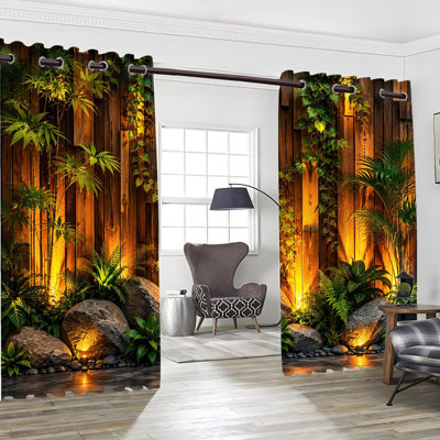 2PCS Grommet Blackout Curtains, Lush Greenery Wood Texture Printed Polyester Drapes, Thermal Insulated Noise Reducing Privacy Protection for Bedroom Living Kitchen Indoor Home Decor