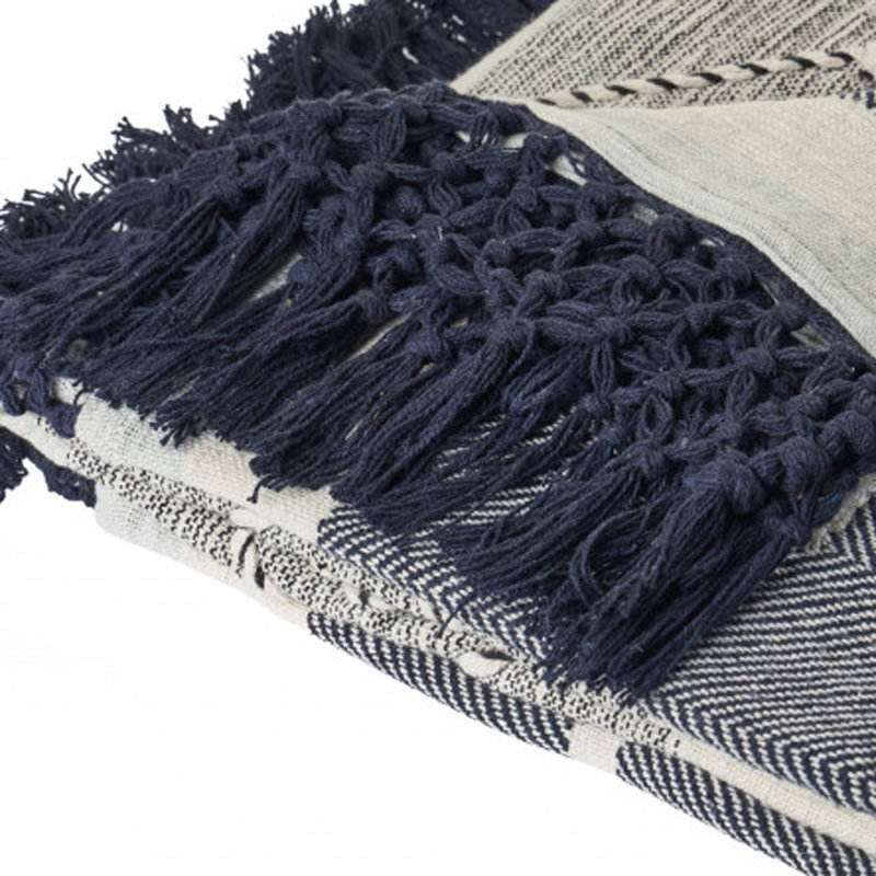 Jeté rayé en coton noir et bleu