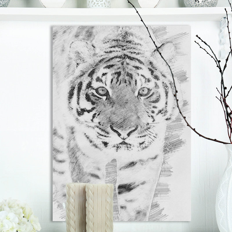 Tigre noir et blanc - reproduction sur toile tendue, H 20 po x l 12 po x P 1po
