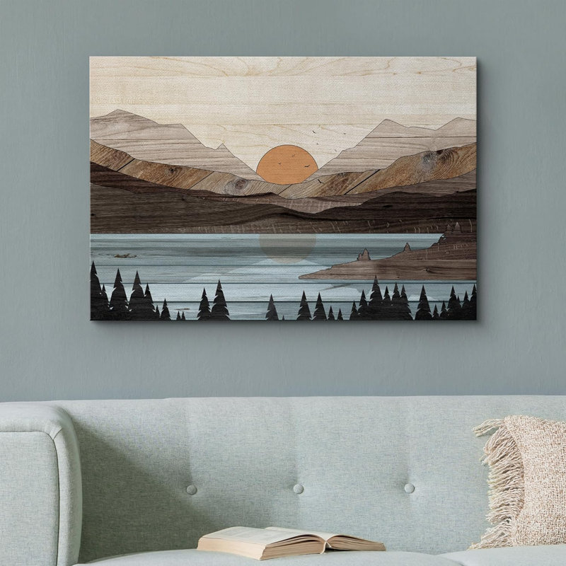 «Western Wood Effect Landscape Mountain Range Lake Trees Nature Abstract Artwork Living Room Decor on Canvas Print