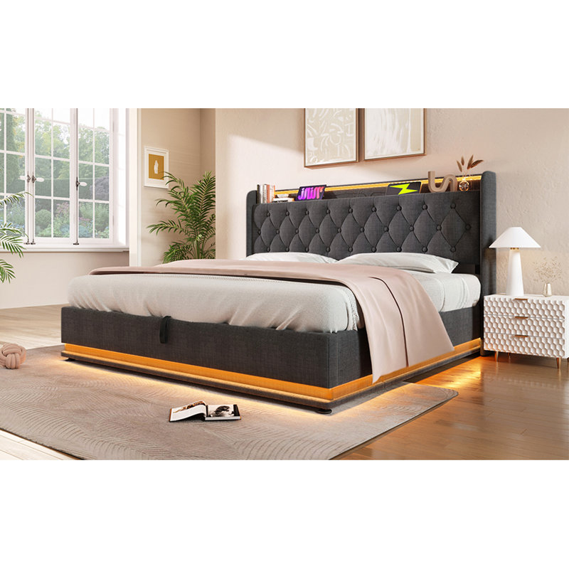 Lit tapissier, fonction DEL à 360 degrés, boutons / applications / télécommande, lit de rangement hydraulique avec chargement USB Type-C, lin (sans matelas)