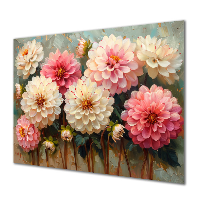 Rose et vert petits pétales Dahlia - art mural Dahlia, Métal métal, H 24 po x l 32 po