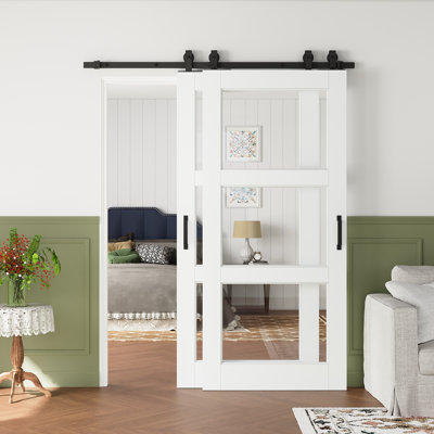 Bypass Sliding Barn Doors Pre-assembled Panel 3-lite Clear Glass Solid Pine Wood Closet Door with Installation Hardware Kit