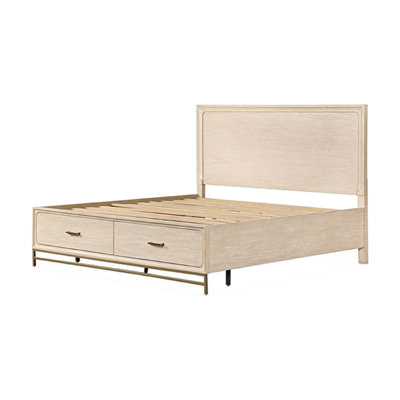 Rozie Queen Bed, Footboard Storage Drawers, Light Oak Brown Solid Wood -  Benjara, BM333634