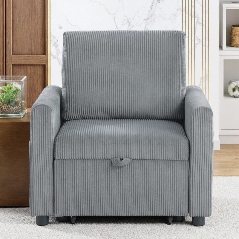 Fauteuil convertible en velours côtelé gris 33 po Ottavio avec méridienne coulissante et poches latérales