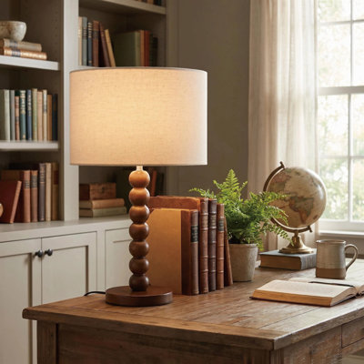 Lampe de table rétro en noyer d'hévéa de 17,5 po avec base sphérique empilée sculpturale et abat-jour tambour en lin beige, certifié cULus pour les tables d'appoint de salon, les coins de chambre à coucher, les bureaux à domicile ou les salles d'?