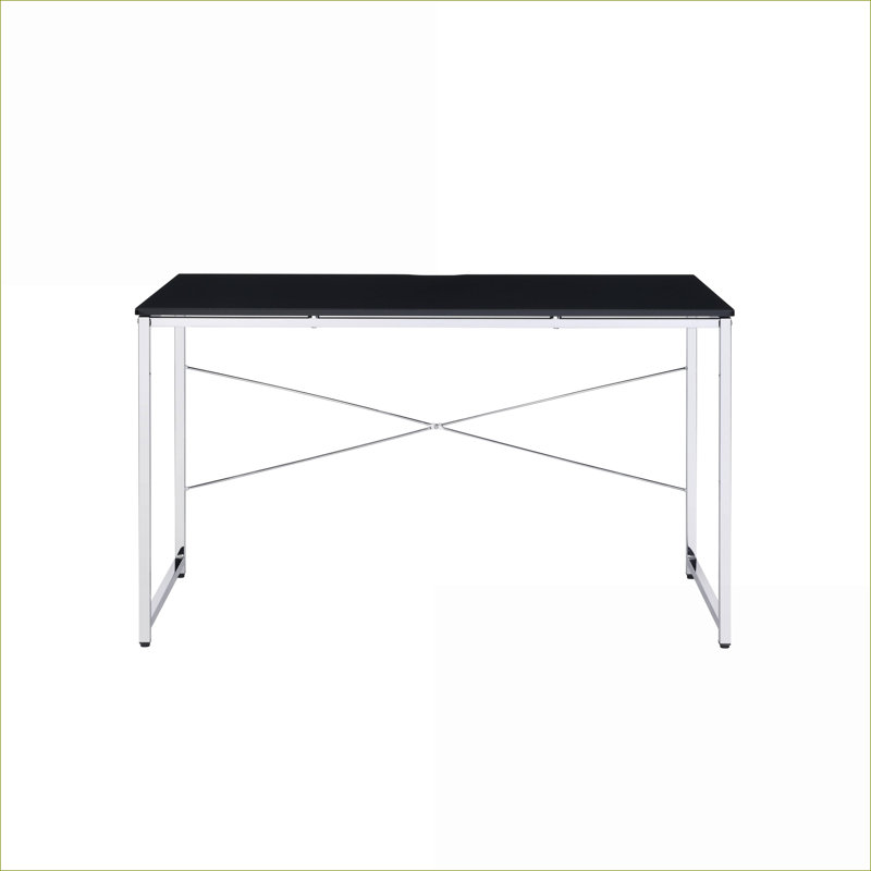 Bureau, bureau d'écriture rectangulaire moderne avec structure en métal chromé et amp; Barre transversale en forme de X | Noir | Métal, bois synthétique