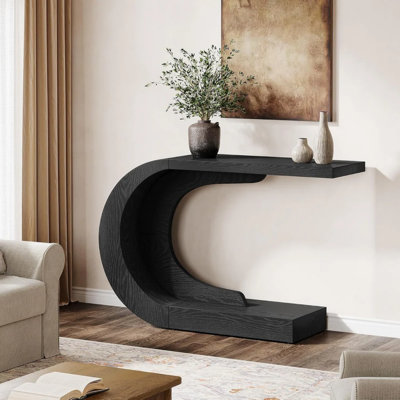 C-Shaped Wave-Inspired Console Table, 43" Black Wood Entryway Sofa Side Table ﻿
