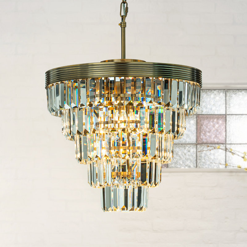 Alax Mid-Century Modern Crystal Chandelier for Dining room, 50cm H x 41cm W x 41cm D, Antique Brass, 4