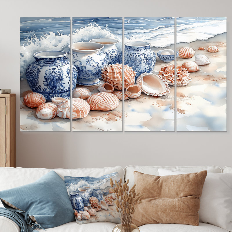 «Floral Beach Pottery in Blue and White Tones II», ensemble d'art mural sur toile, H 32 po x l 64 po