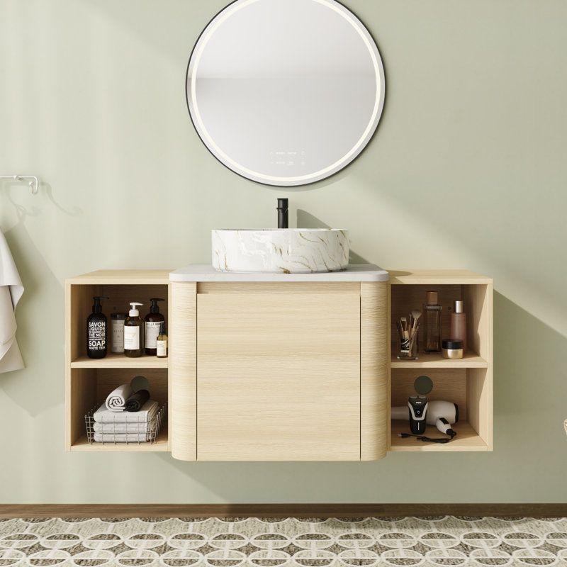 Ensemble de meuble-lavabo mural simple 48 po avec plateau en pierre reconstituée et portes à fermeture en douceur 48 po