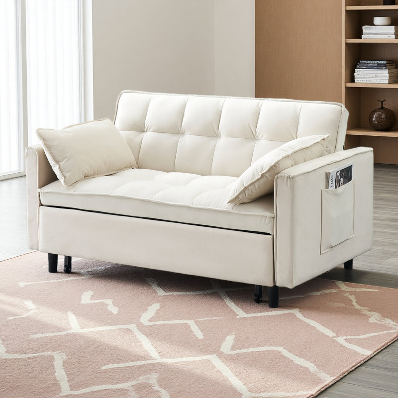 55.1"Velvet Sofa, Elegant With Convenient Pockets, Clever Interpretation Of The Three-In-One Conversion Art, Beige