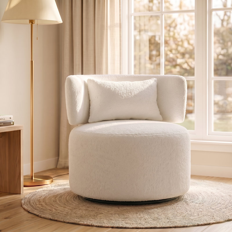 Narissa Swivel Accent Chair with Throw Pillow, Ivory Teddy