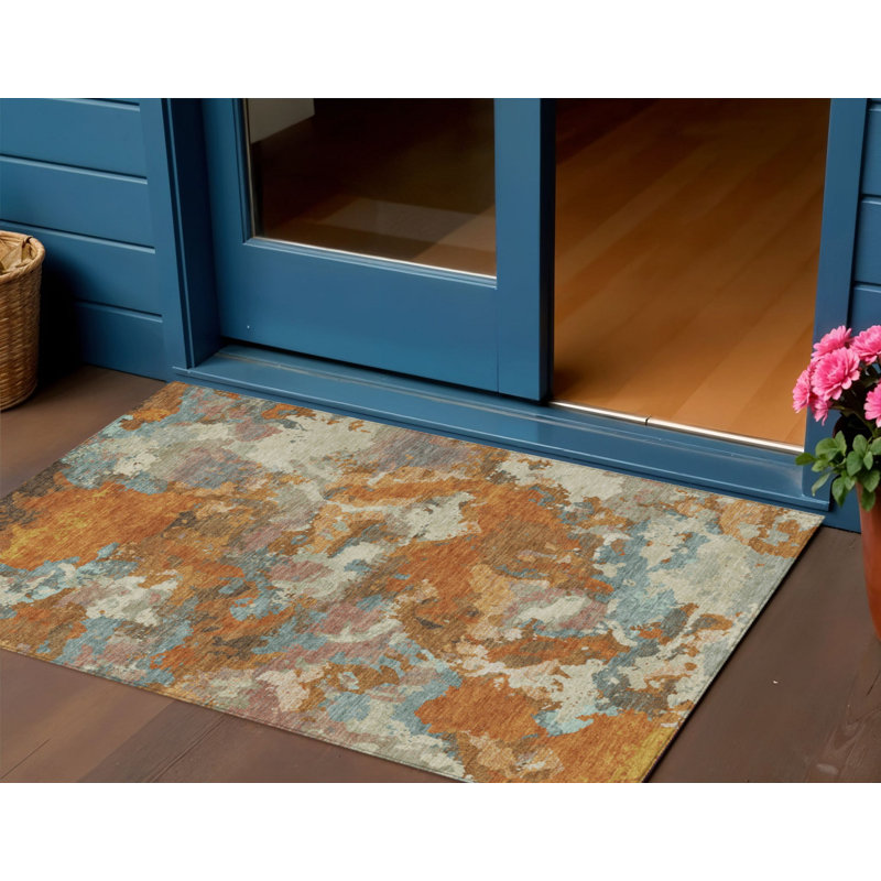3' X 5' Copper And Orange Abstract Washable Indoor Outdoor Area Rug