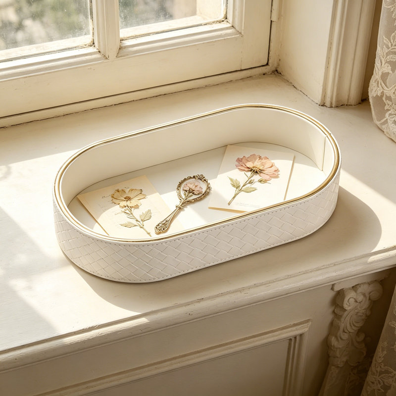 Leather Decorative Tray For Keys And Essentials - Entryway, Nightstand, And Vanity Organizer With Gold Accent Trim