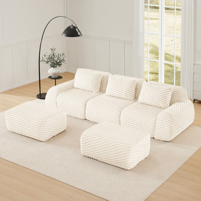 Canapé modulaire en forme de U de 114 po pour le salon, tissu en flanelle, canapé 3 places surdimensionné, siège profond, canapé sans os, repose-pieds mobile, conception à boucles, sans assemblage, crème