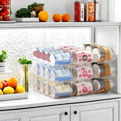 Organisateur de boîtes de conserve pour garde-manger, 3 ensembles d'organisateurs de rangement à 3 niveaux pour garde-manger, organisateur de canettes de soda pour réfrigérateur, 36 boîtes de rangement automatiques pour aliments empilables à roulettes, transparentes