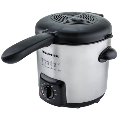 OVENTE Electric Deep Fryer 0.9L Capacity with Locking Lid, Adjustable Temperature Knob, Removable Frying Basket and Cool Touch Handle, 840W Power, Easy to Clean Stainless Steel Body, Silver FDM1091BR