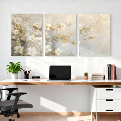 Ensemble de 3 tableaux muraux sur toile tendue, motif floral de fleurs de cerisier blanches, pour salon, chambre à coucher et décoration intérieure.