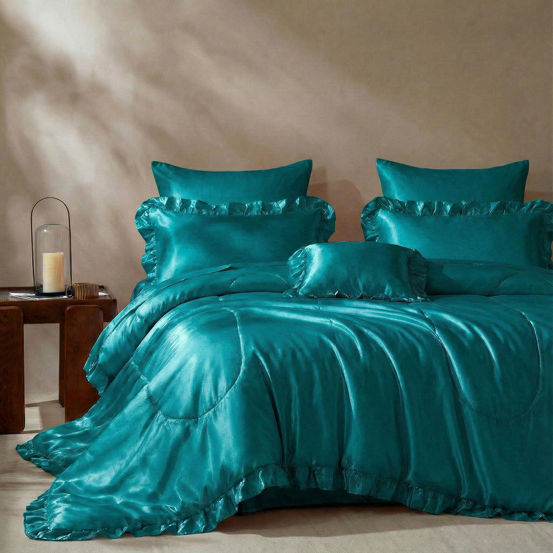 Ensemble d'édredon en satin avec draps pour grand lit 8 pièces Ensemble de literie soyeux vert paon Ensemble d'édredon soyeux de luxe à volants avec 1 housse de coussin