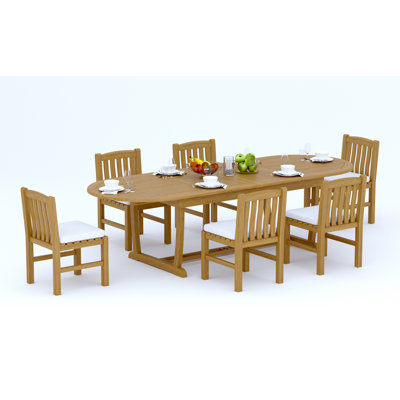  Ensemble de salle à manger 7 pièces en bois de teck de qualité A: table de chevet ovale à double tréteaux de 118 po et 6 chaises sans accoudoirs Devon # 11DV2700