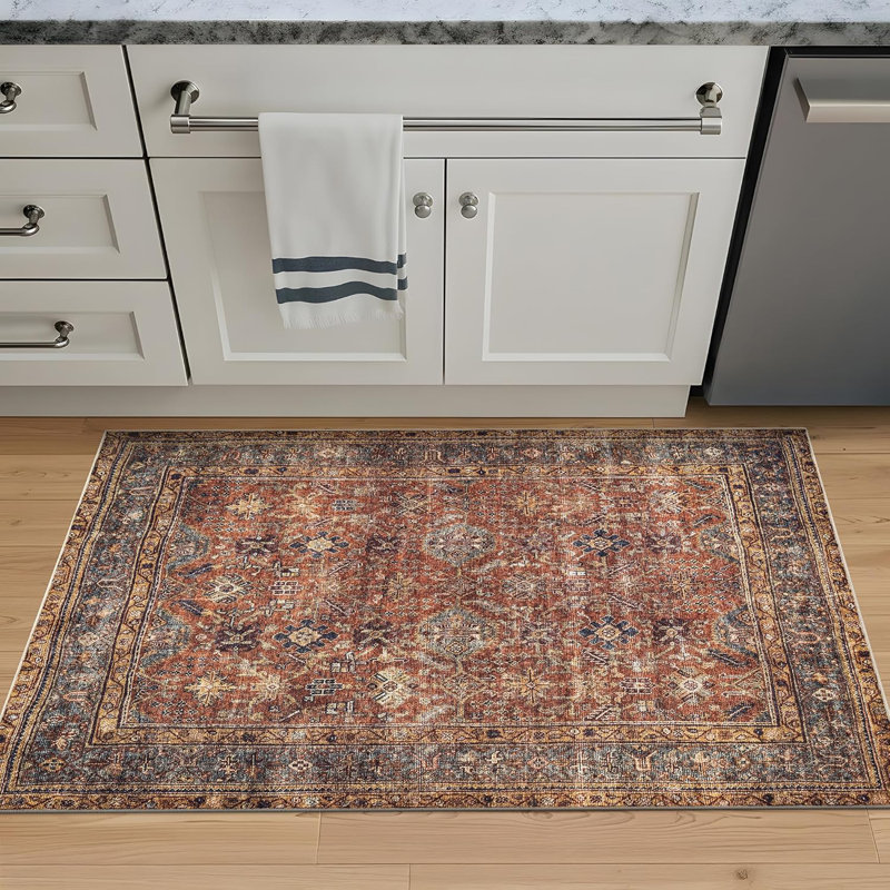Machine Washable Non-Slip - Terracotta / Mustard Traditional Rug, Rectangle 2' x 3'